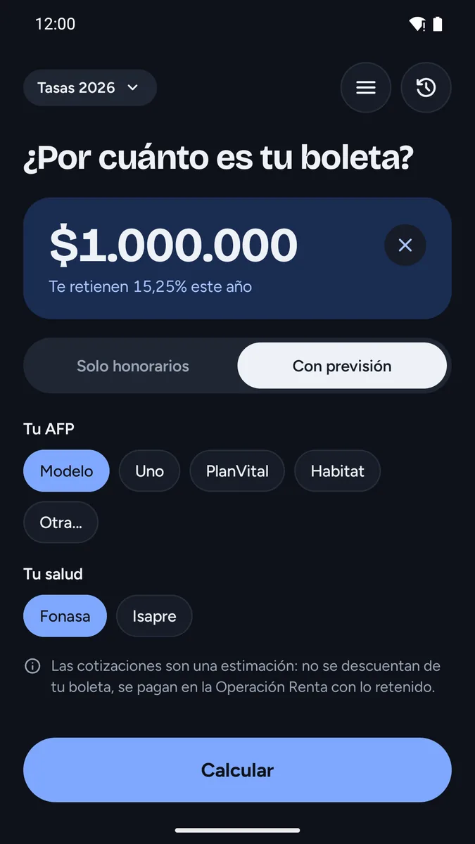 Honorarios y Previsión: Calculadora en modo oscuro