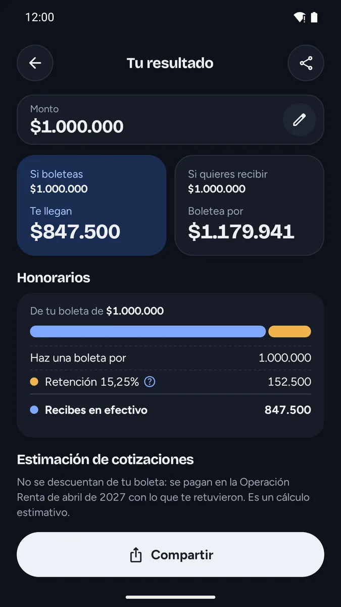 Honorarios y Previsión: Resultado en modo oscuro