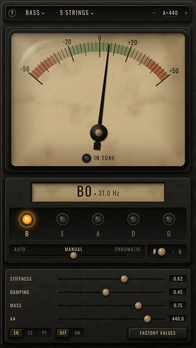 Retro Tuner: Five-string bass, manual mode