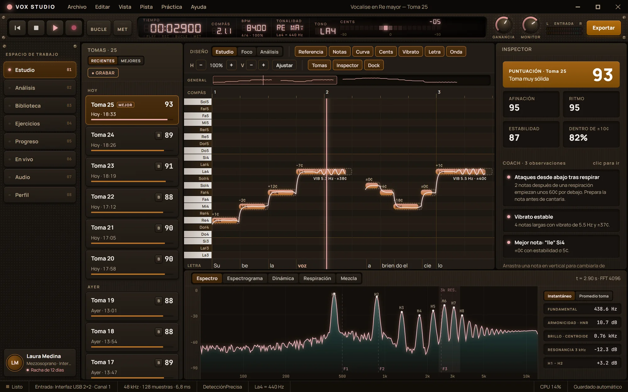 Vocal Studio Trainer: Tema ámbar, pantalla LED
