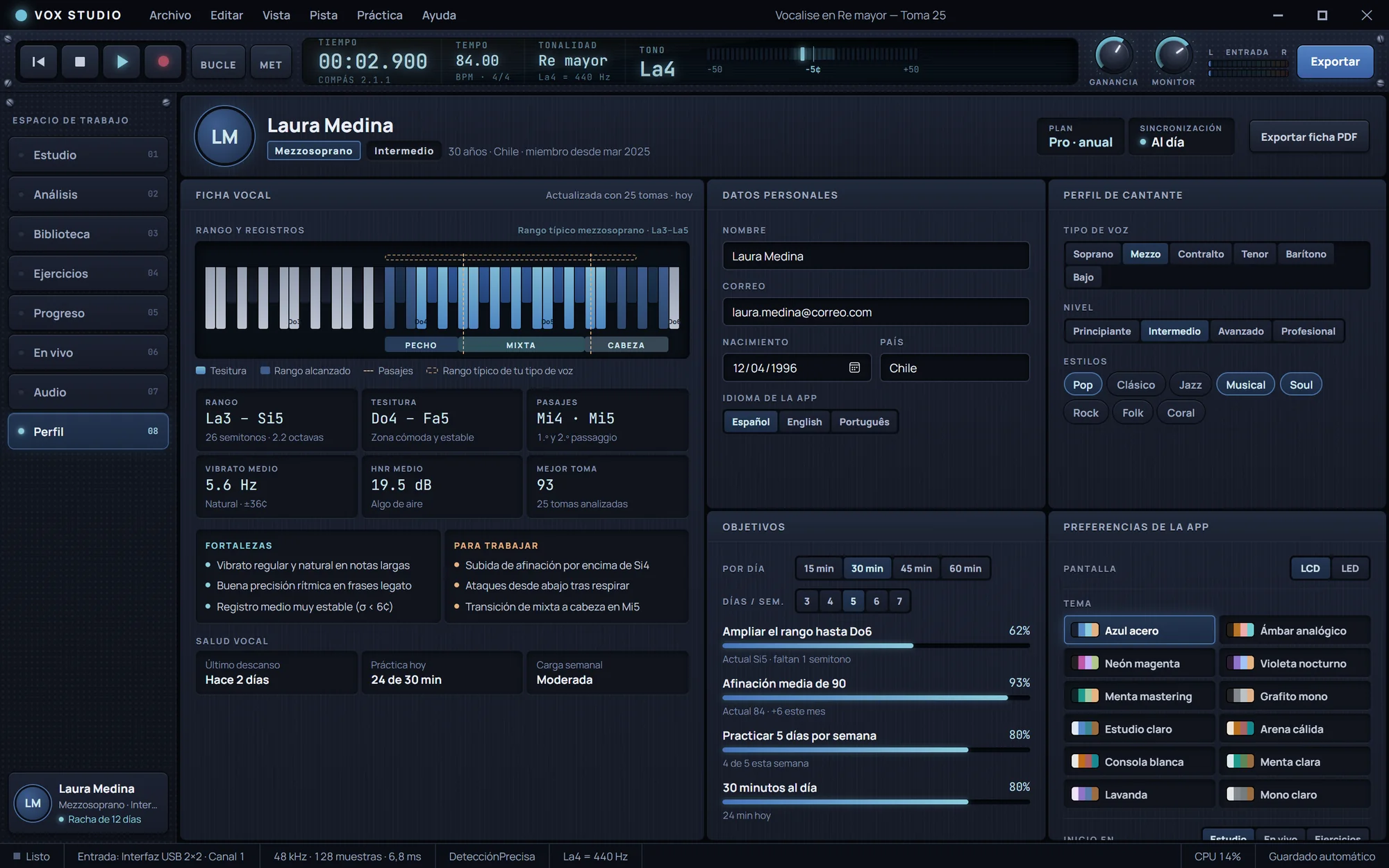 Vocal Studio Trainer: Perfil y temas